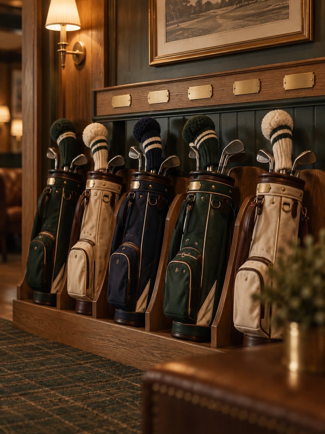 Junior golf bags with knit headcovers resting in a timber rack