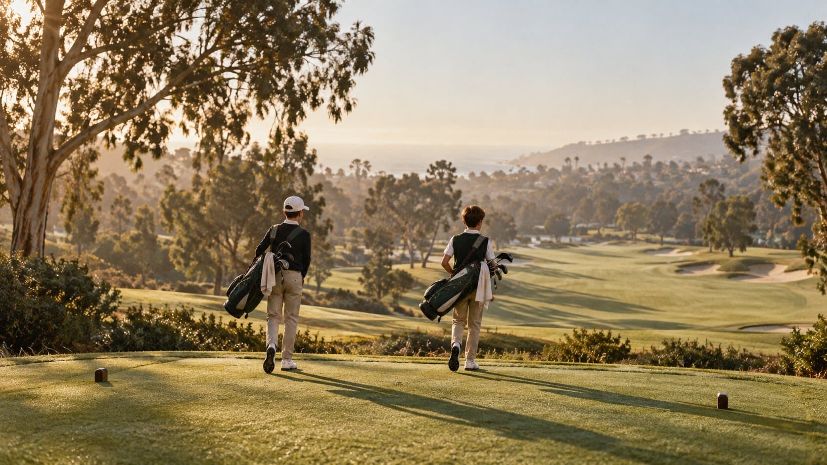 Two juniors with carry bags walk out from a tee on a coastal Orange County course