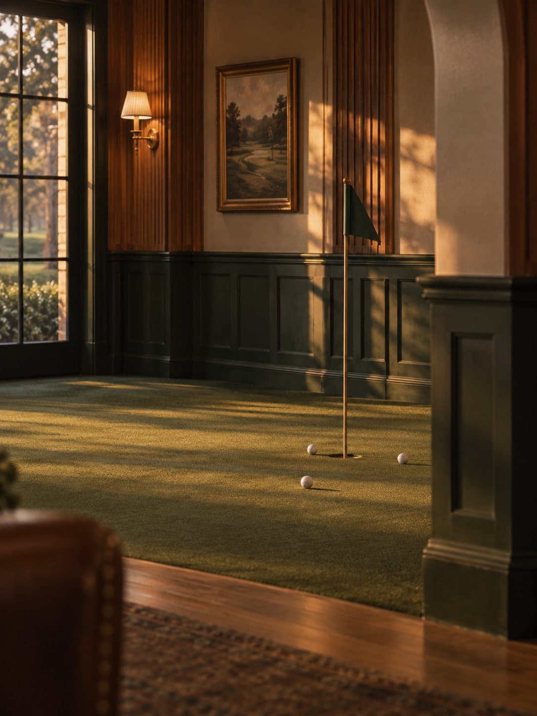Late light across the empty indoor putting green