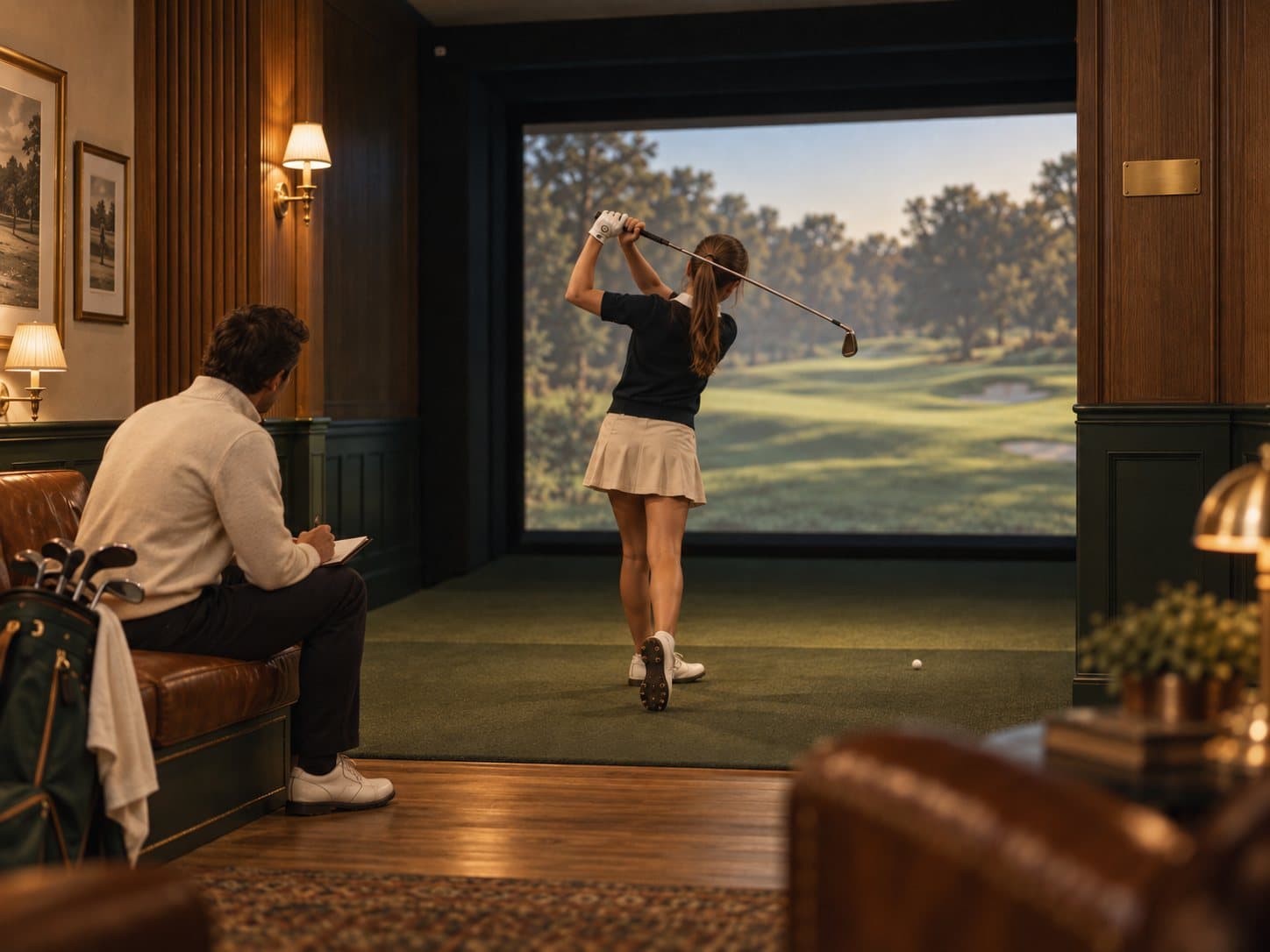 A student swings in a simulator bay as her coach takes notes