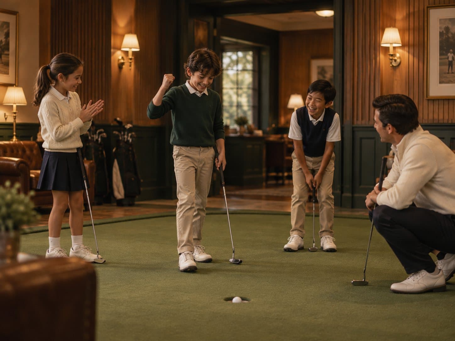 Juniors celebrate a holed putt with their coach on the indoor green