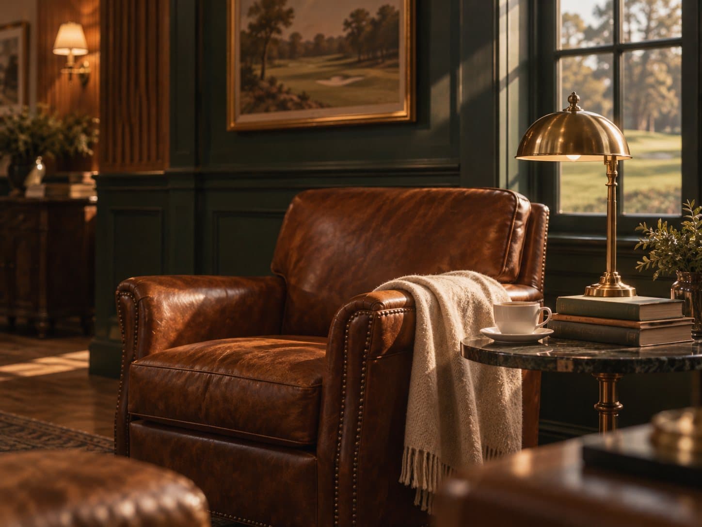 A leather armchair with a cream throw and a brass lamp in the lounge