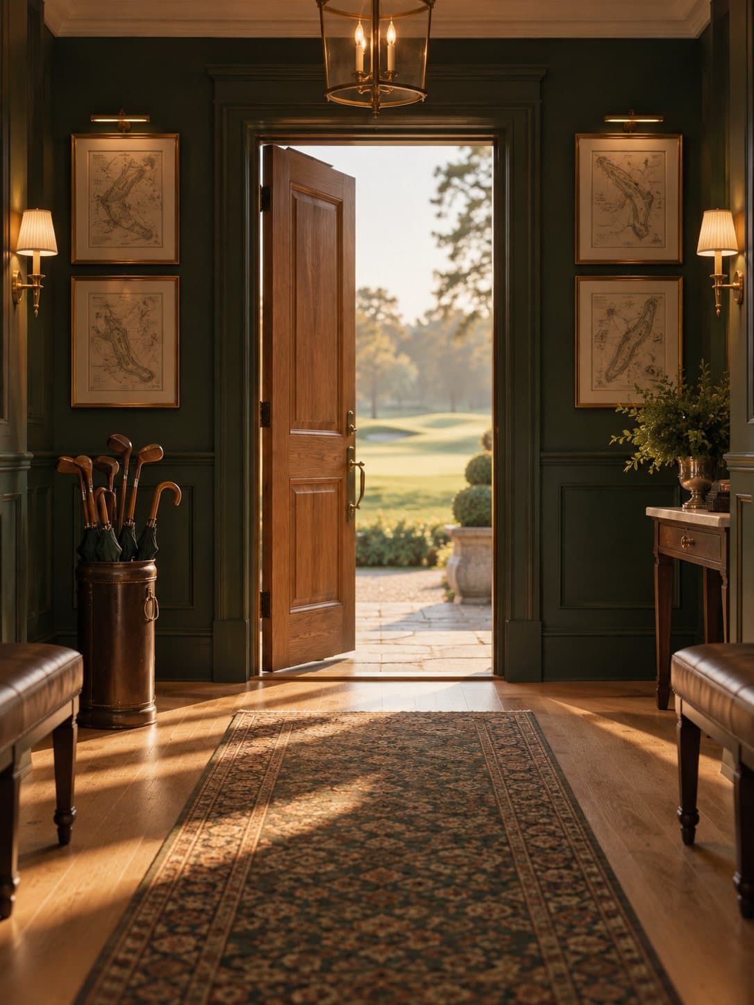 The clubhouse entrance hall, its oak door open to the course