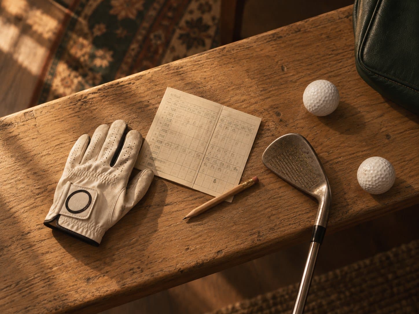 A junior golf glove, a pencilled scorecard, a wedge and two golf balls on an oak bench
