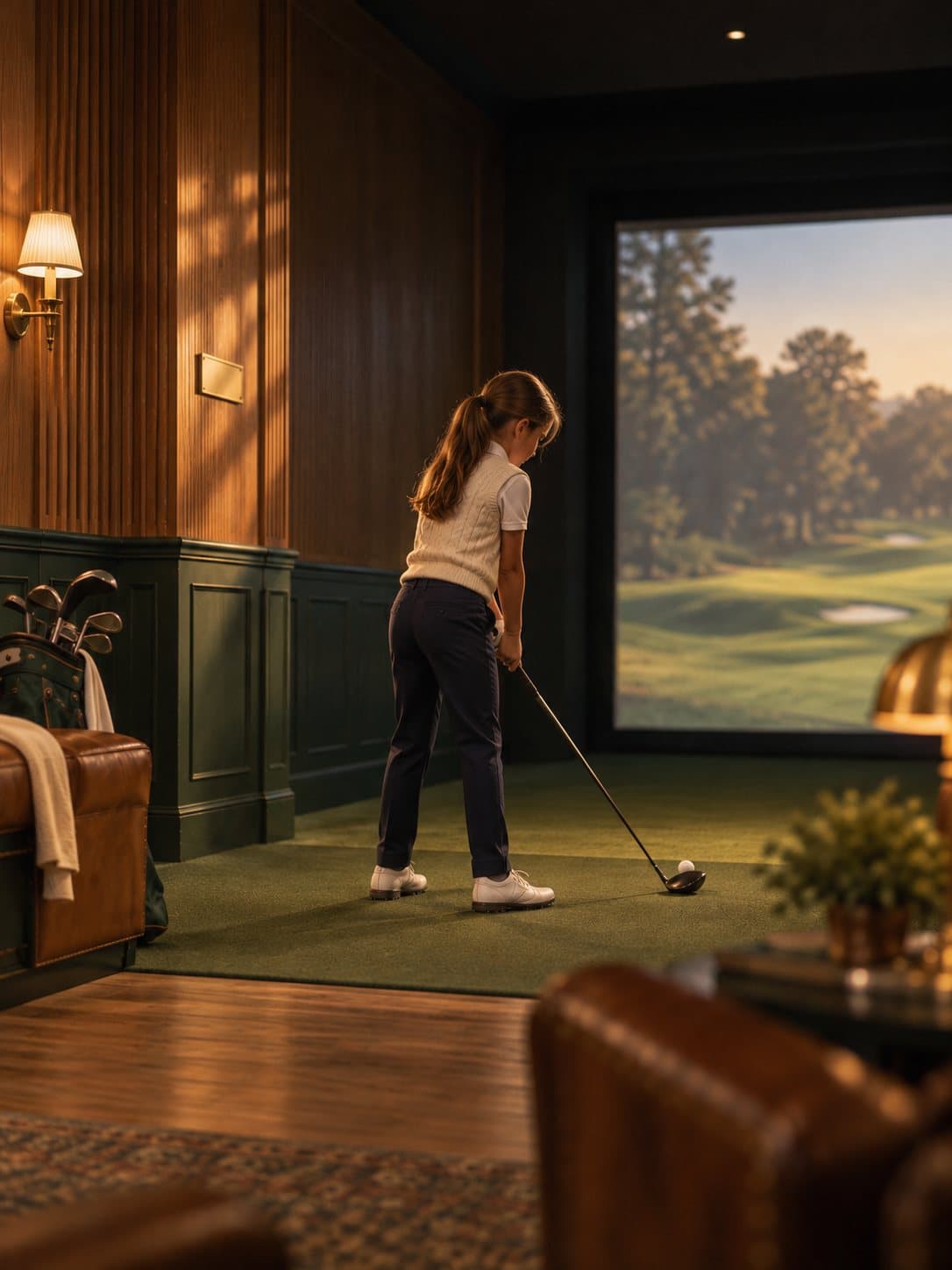 A young golfer at address in a timber-panelled simulator bay