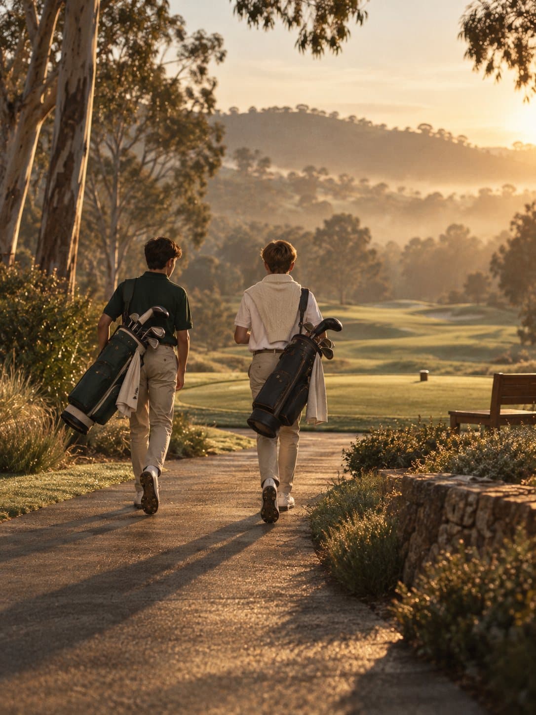 Two juniors carry their bags along a path toward the first tee at sunrise