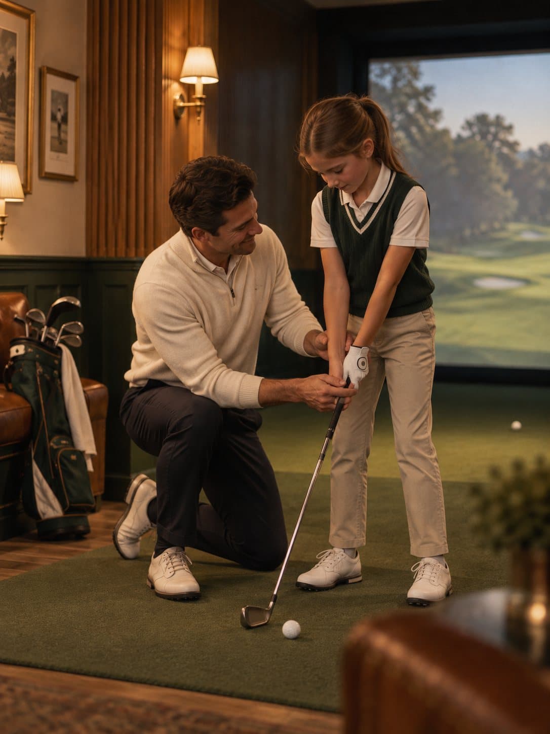 A coach kneels to adjust a young golfer’s grip