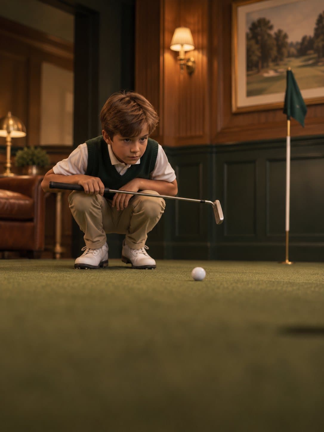 A boy crouches to read his putt on the indoor green