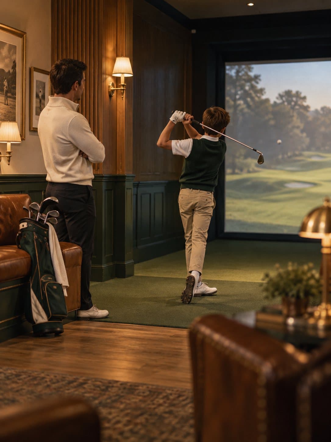 A boy finishes his swing in a simulator bay while his coach watches